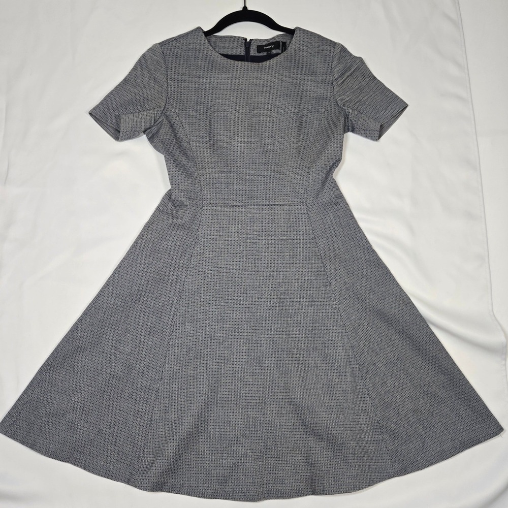 Theory Womens 6 Albita Dress Navy Blue Tweed Fit Flare Short Sleeve Workwear